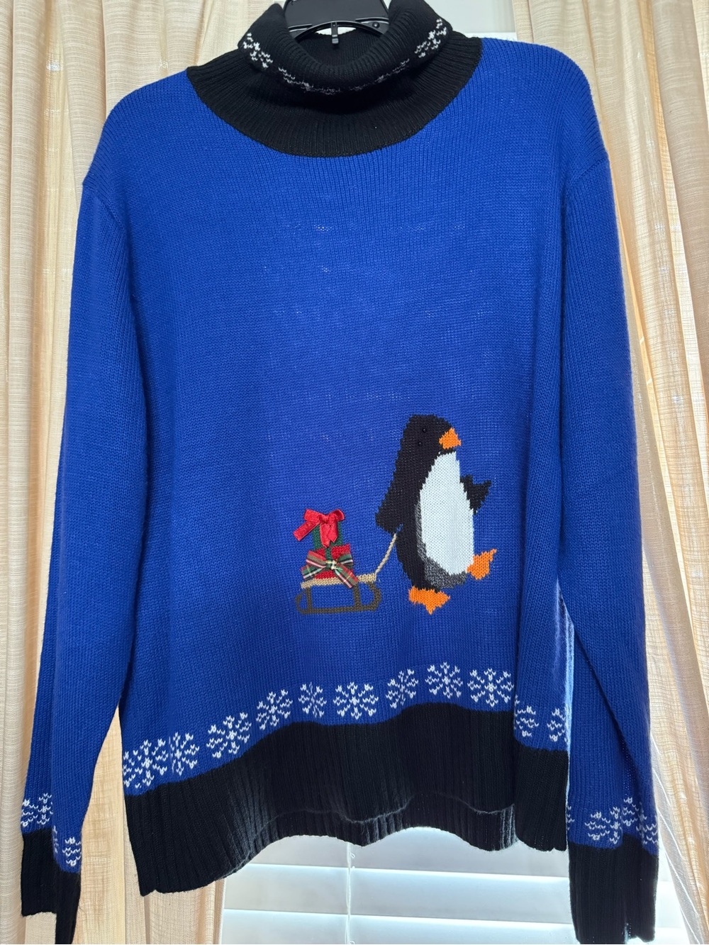 Southern Lady Royal Blue Penguin Turtleneck Sweater with Sled Motif